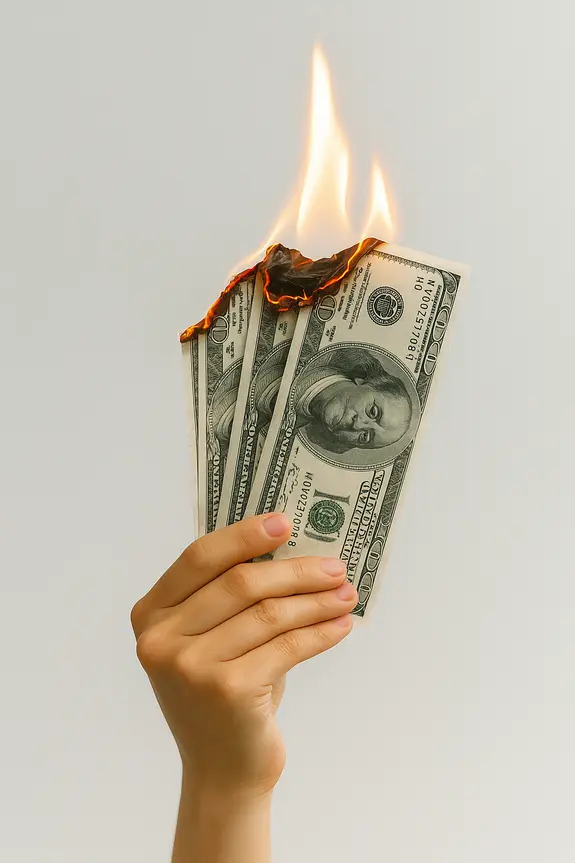 Hand holding burning dollar bills representing money lost due to poor website design